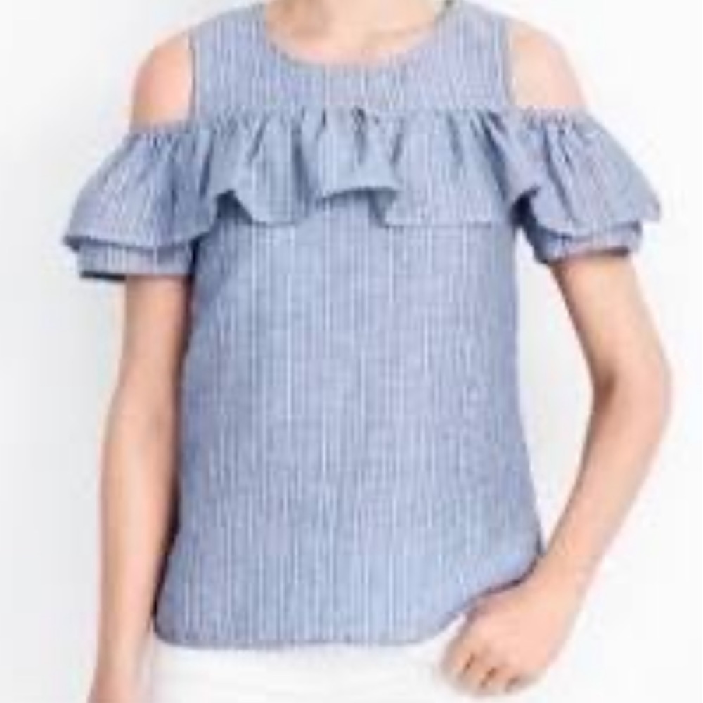 J. Crew Blue Stripe Cold Shoulder Ruffle Tank Top